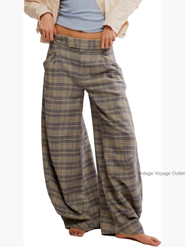 Vintage Tartan Plaid Wide Leg Pants High Waisted Casual Business Slacks